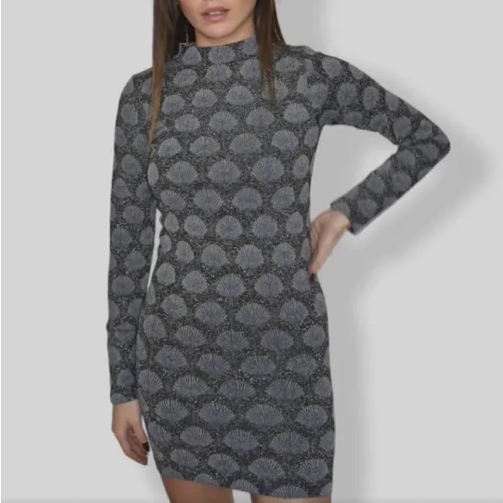 Zara New Seamless Jacquard Shell Mock Neck Long Sleeved Stretch Knit Mini Dress